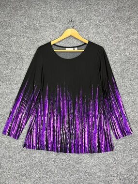 Susan Graver Long Sleeve Blouse Women Medium Purple Black Abstract Print Stretch